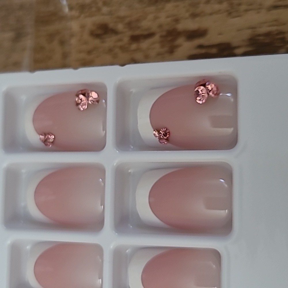 Pink Rhinestone French Manicure Press On Nails - Picture 8 of 14